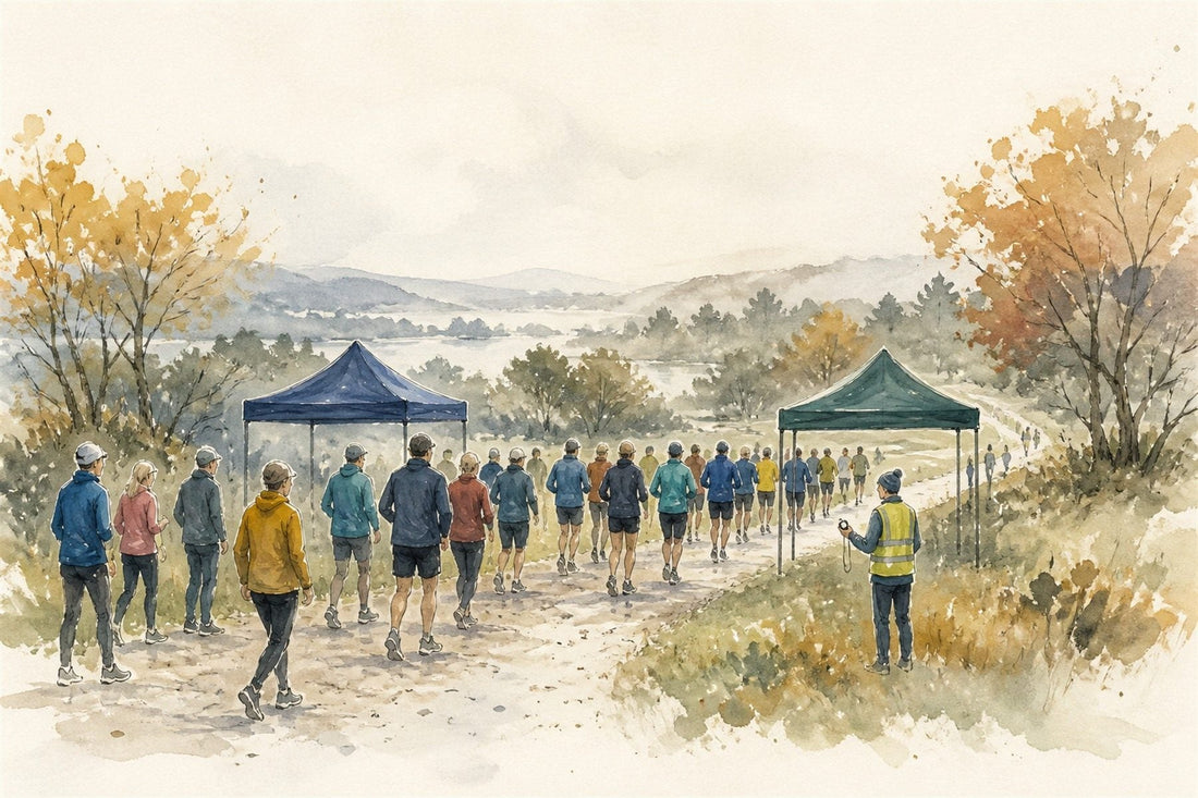 Watercolour illustration: runners at an Irish parkrun start line on a Saturday morning