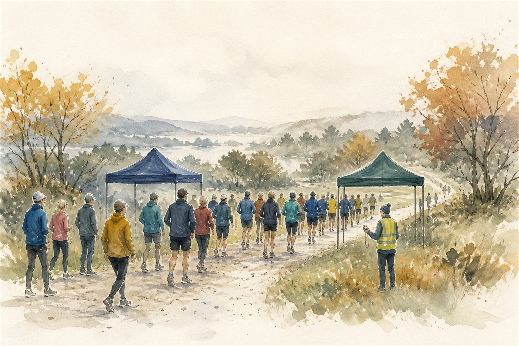 Watercolour illustration: runners at an Irish parkrun start line on a Saturday morning