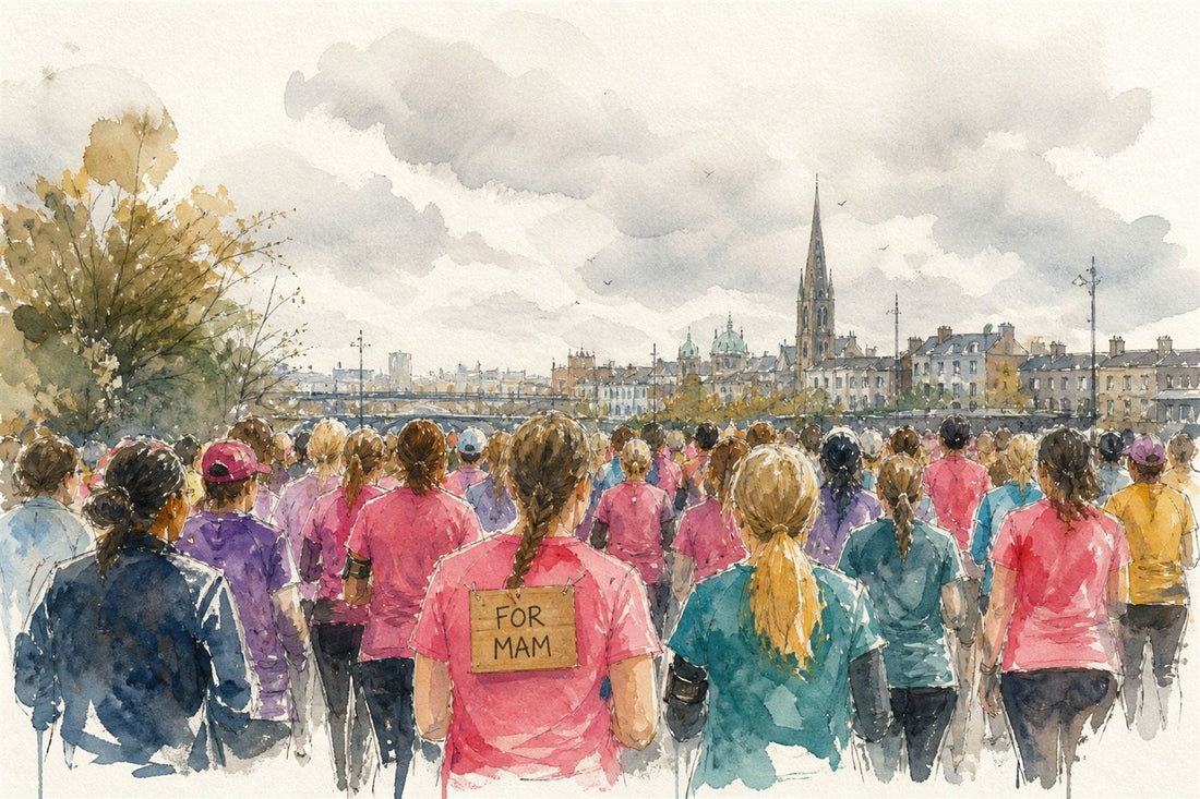 Watercolour illustration: charity runners in bright shirts at a Dublin start line