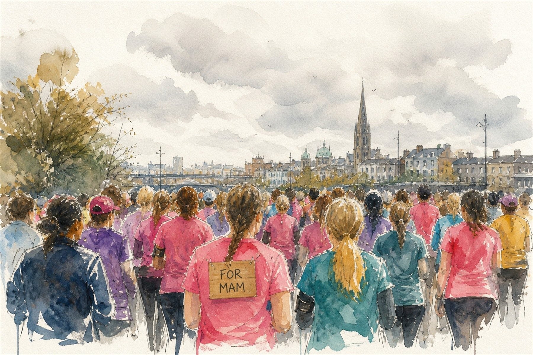 Watercolour illustration: charity runners in bright shirts at a Dublin start line