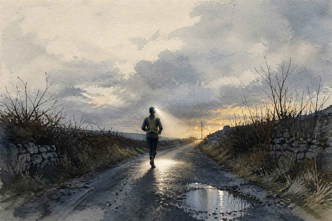 Watercolour illustration: a runner with a headtorch on a dark Irish country road