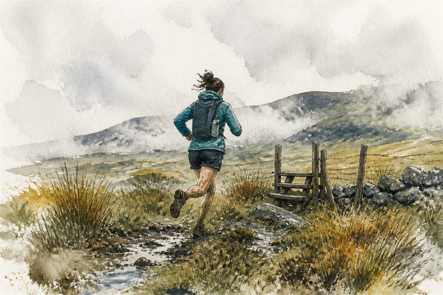 Watercolour illustration: a trail runner crossing boggy ground on an Irish hillside