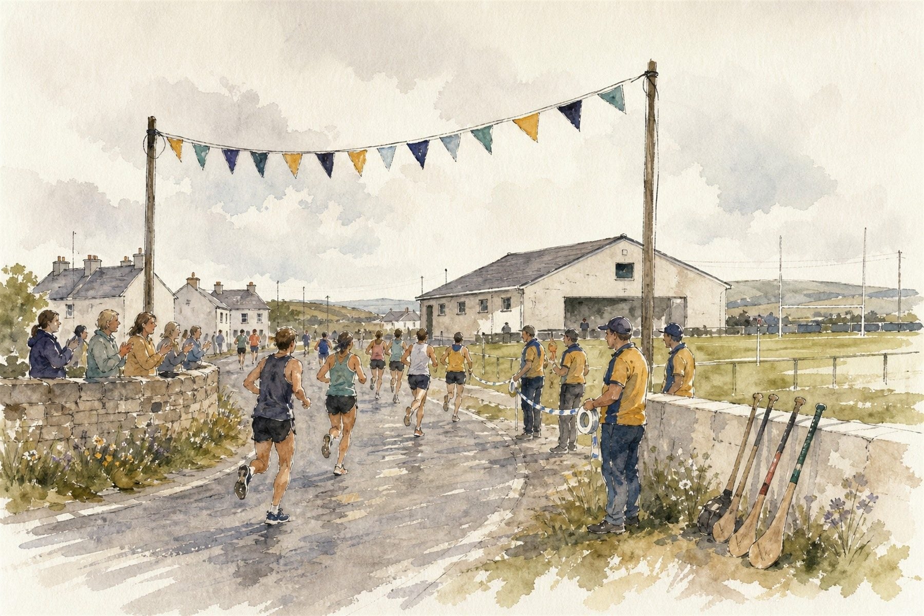 Watercolour illustration: a village road race passing a GAA clubhouse