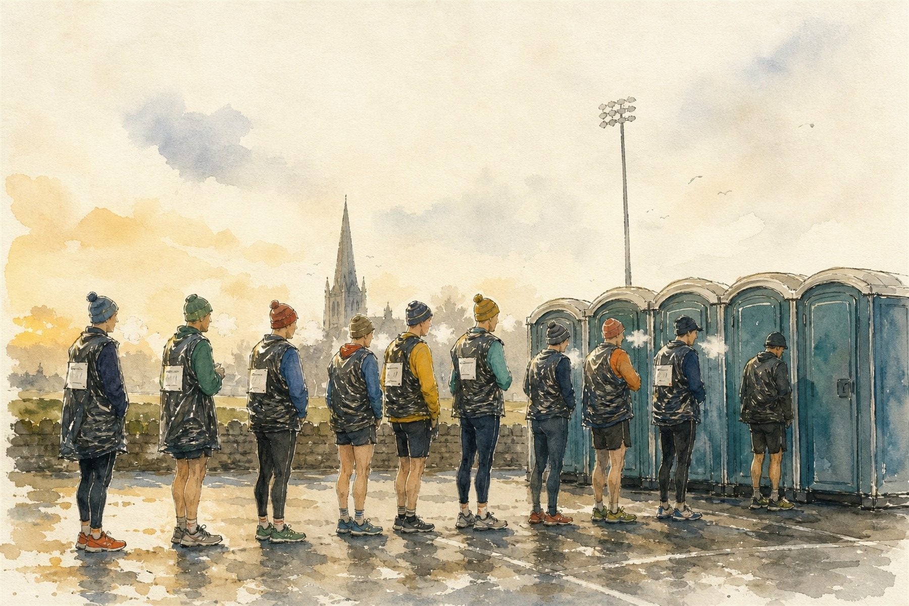 Watercolour illustration: runners queueing at portaloos before an Irish race