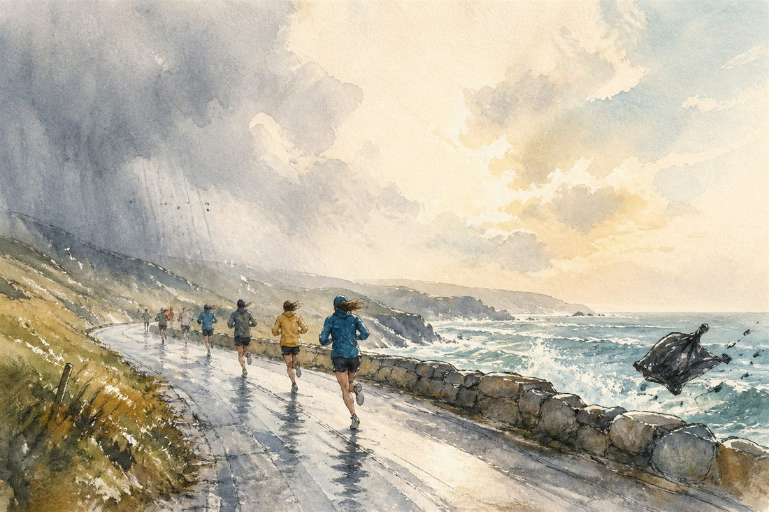 Watercolour illustration: runners leaning into a headwind on an exposed Irish coast road