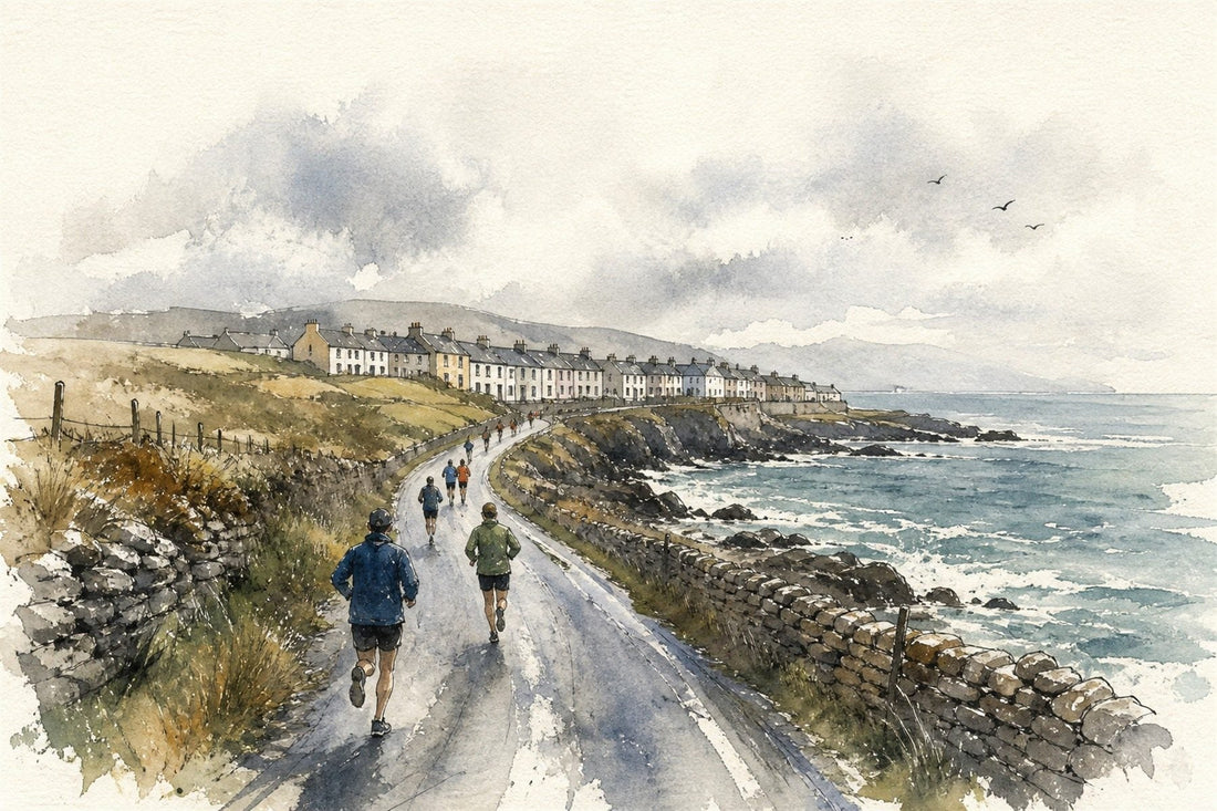 Watercolour illustration: runners on a narrow East Cork coastal road in March