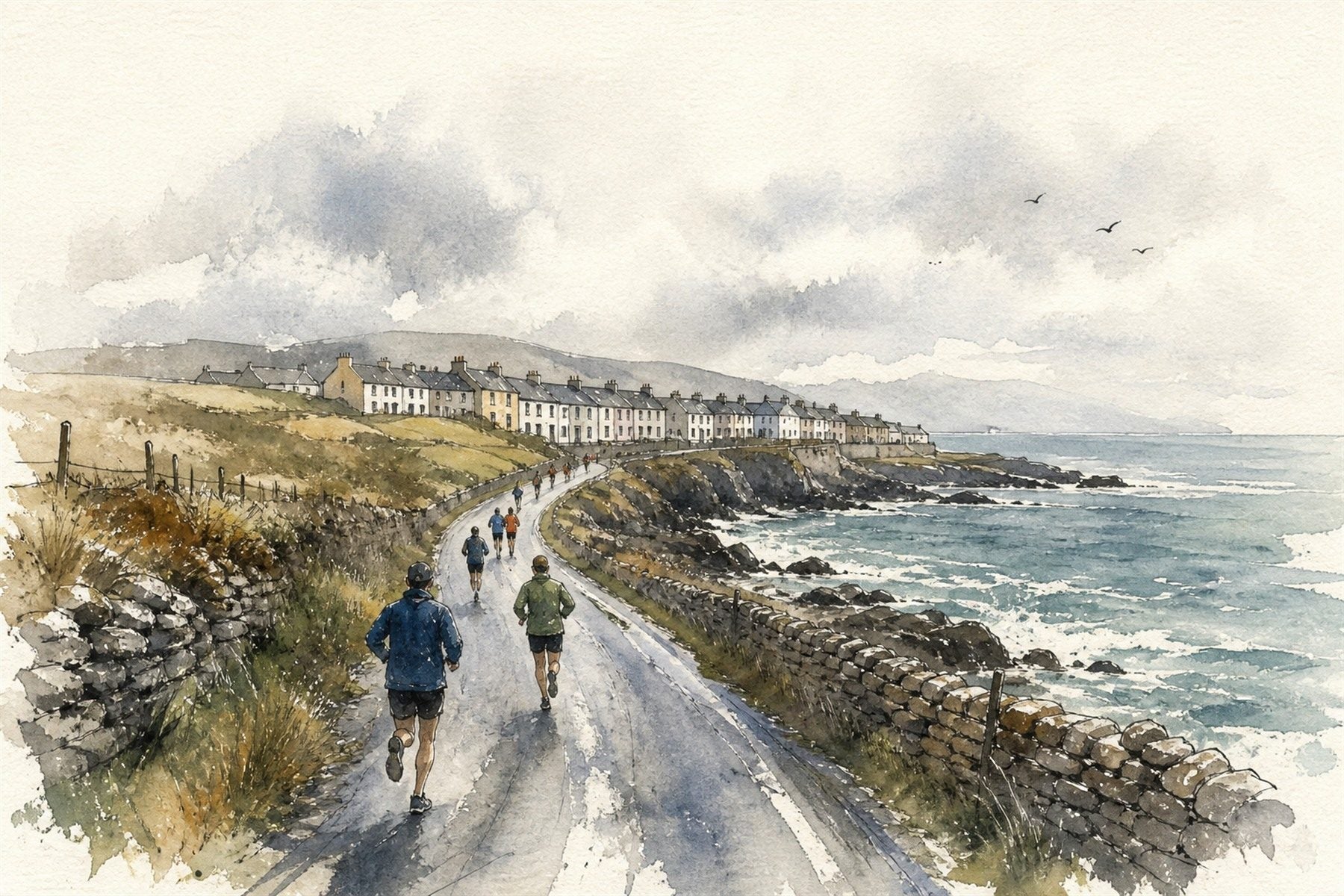 Watercolour illustration: runners on a narrow East Cork coastal road in March