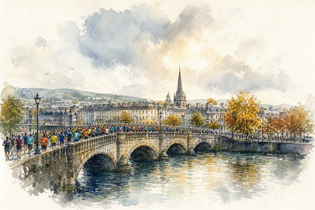 Watercolour illustration: a city marathon field crossing a stone bridge in autumn light