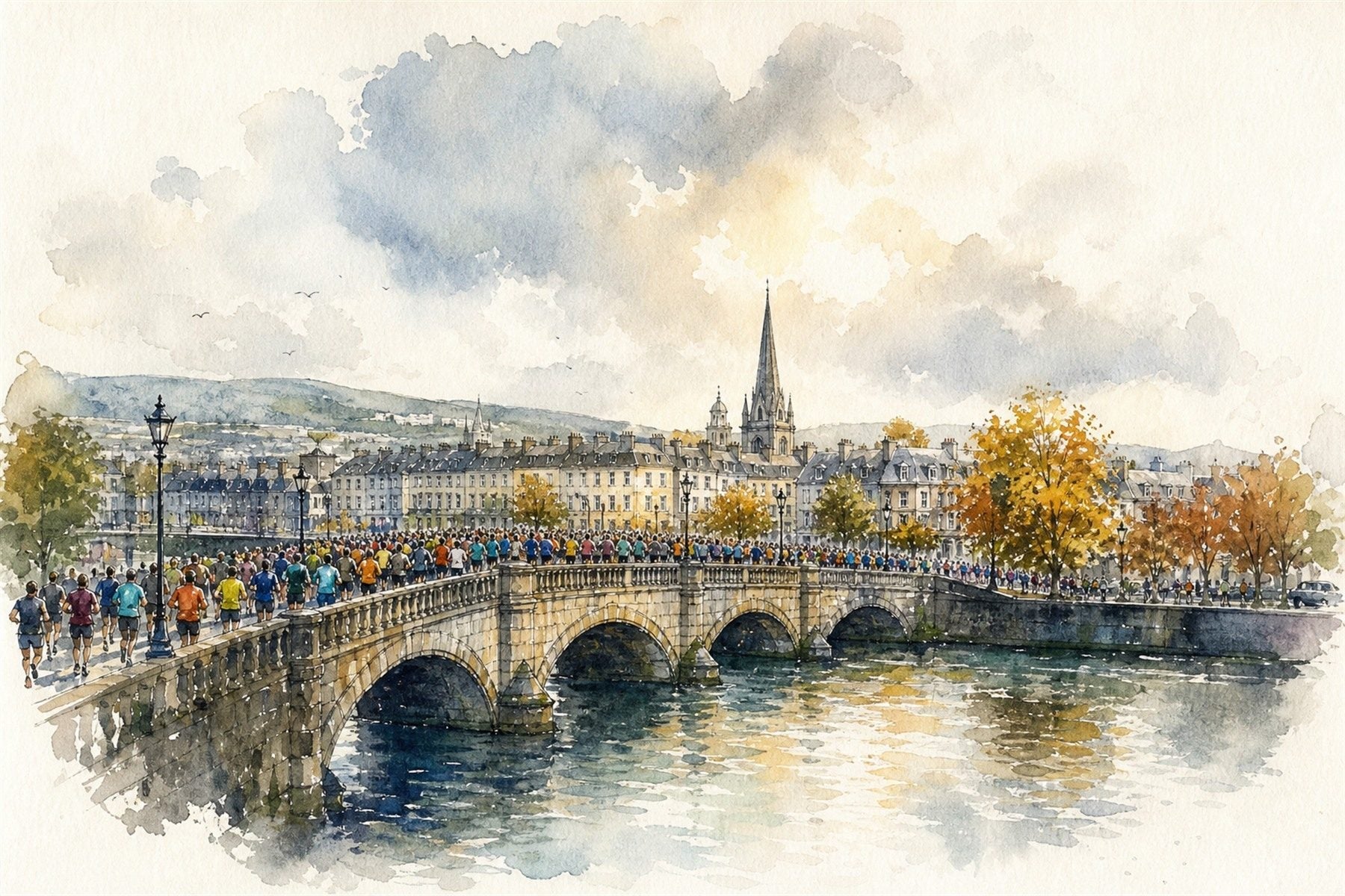 Watercolour illustration: a city marathon field crossing a stone bridge in autumn light
