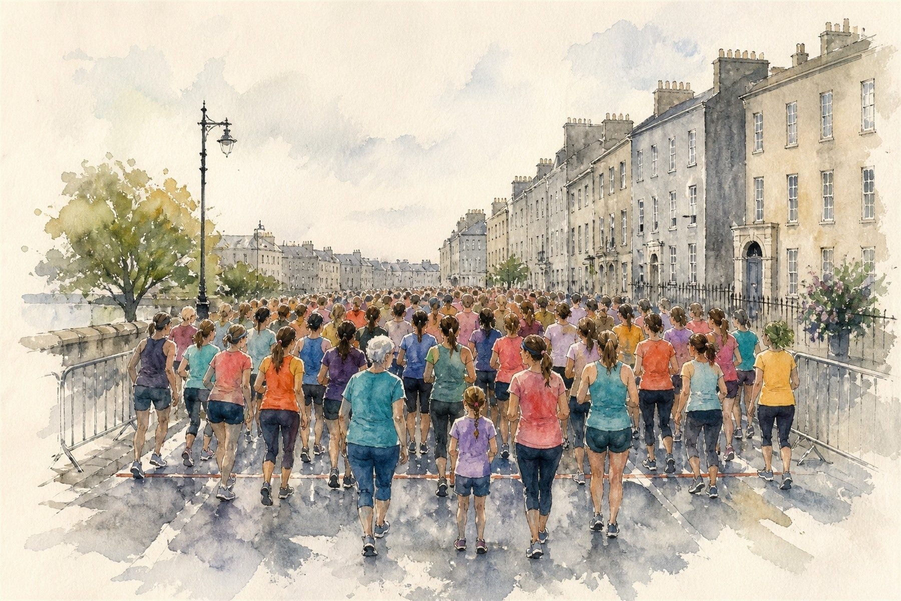 Watercolour illustration: an all-women race start line filling a Dublin street in June