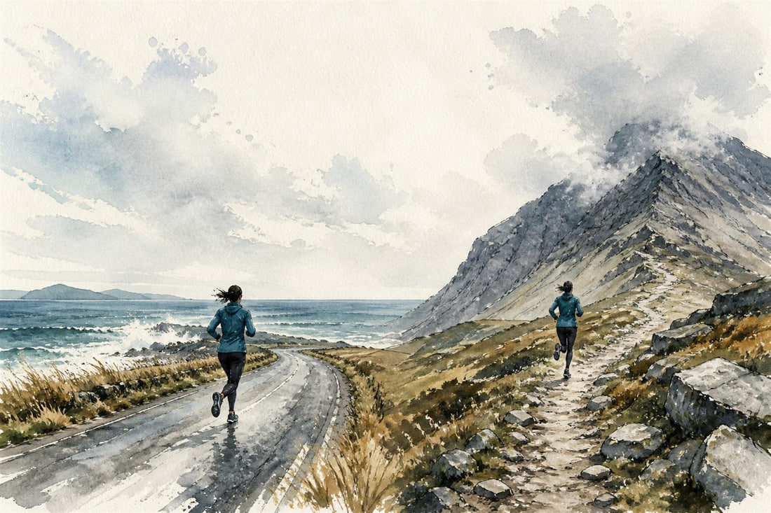 Watercolour illustration: a flat coast road on one side, a steep mountain track on the other