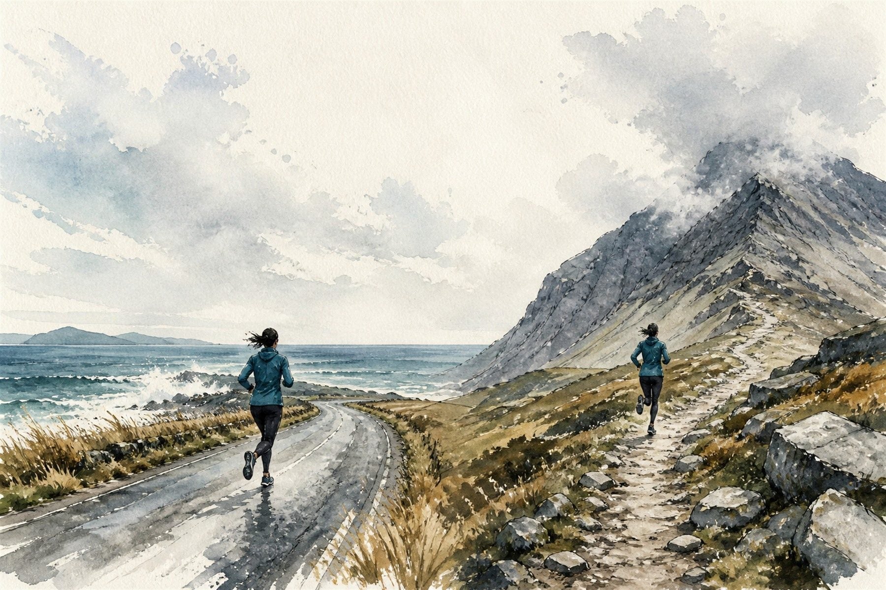 Watercolour illustration: a flat coast road on one side, a steep mountain track on the other