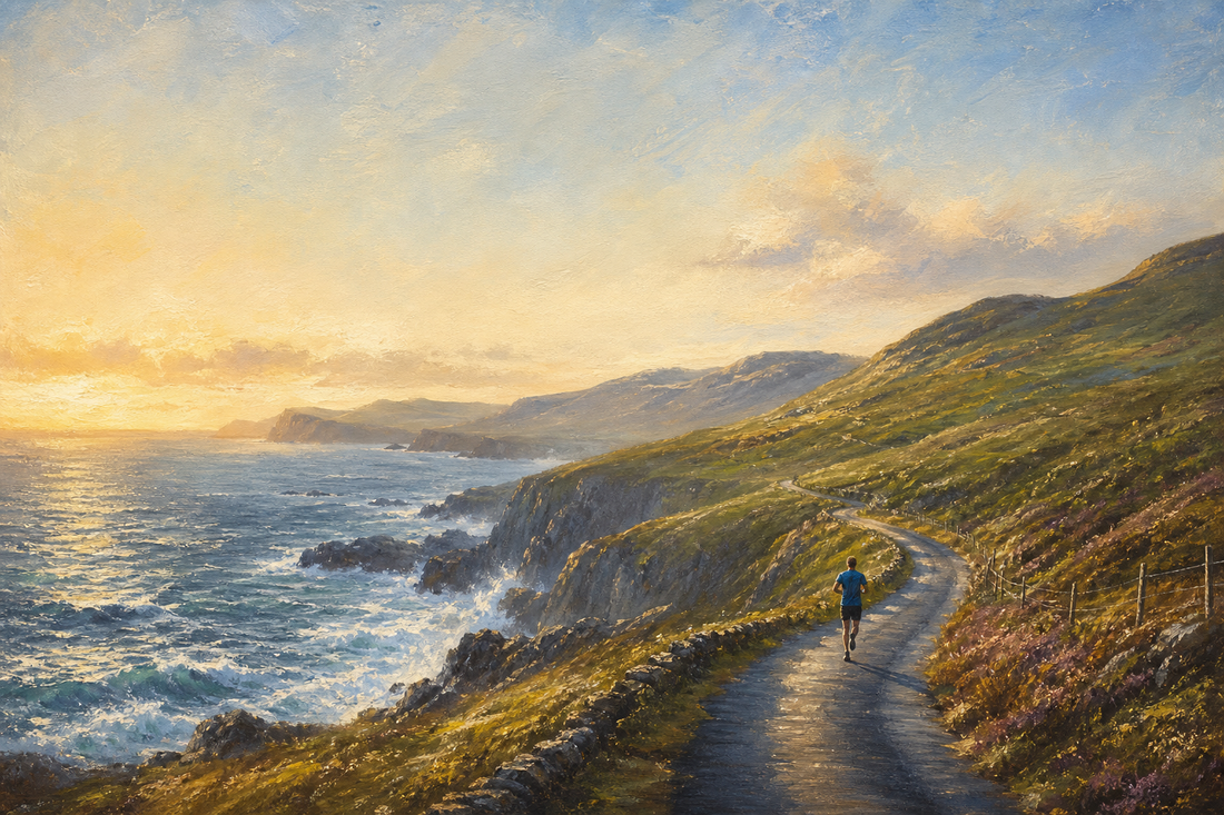 A solitary runner on an Irish coastal road at first light